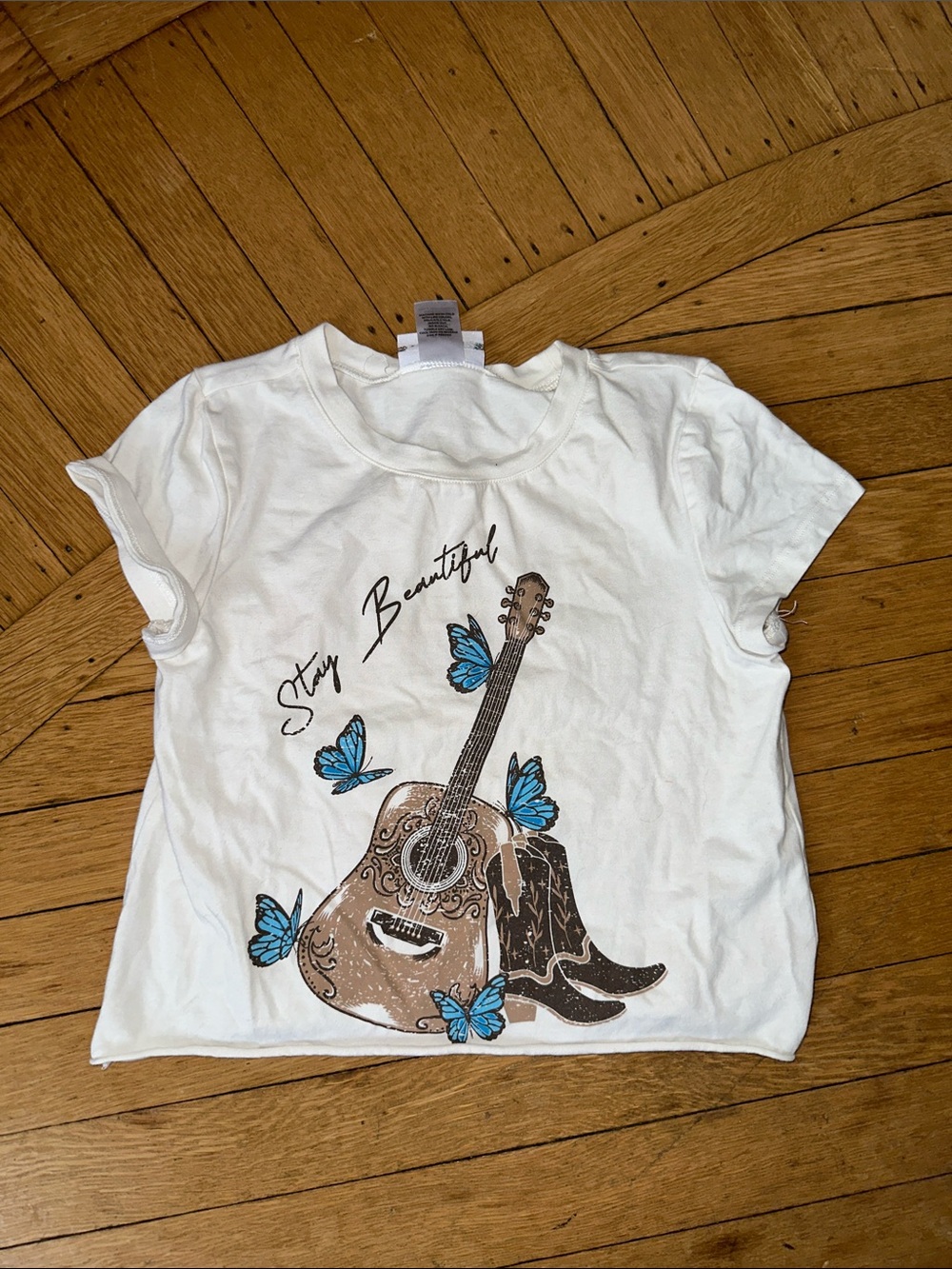 Stay Beautiful White Girls' Graphic Tee with Guitar & Blue Butterflies